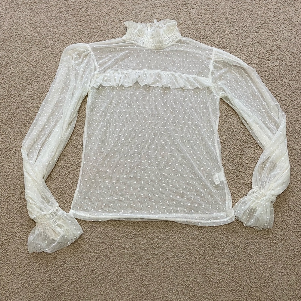 Willow Sheer Ivory Dot Ruffle High-Neck Blouse